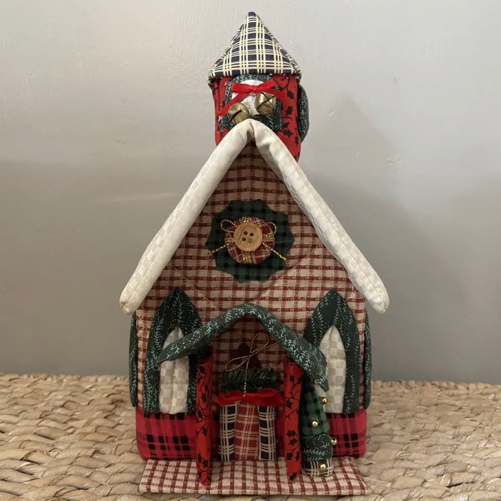 Vintage‎ Holiday Traditions fabric church Decoration Holiday Plaid Snow W/ Box